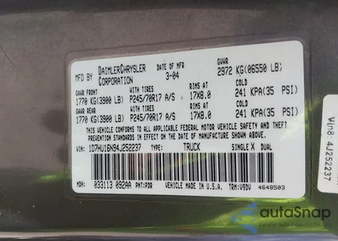2004 Dodge Ram 1500 Slt/Laramie from USA, damaged, VIN 1D7HU16N94J252237